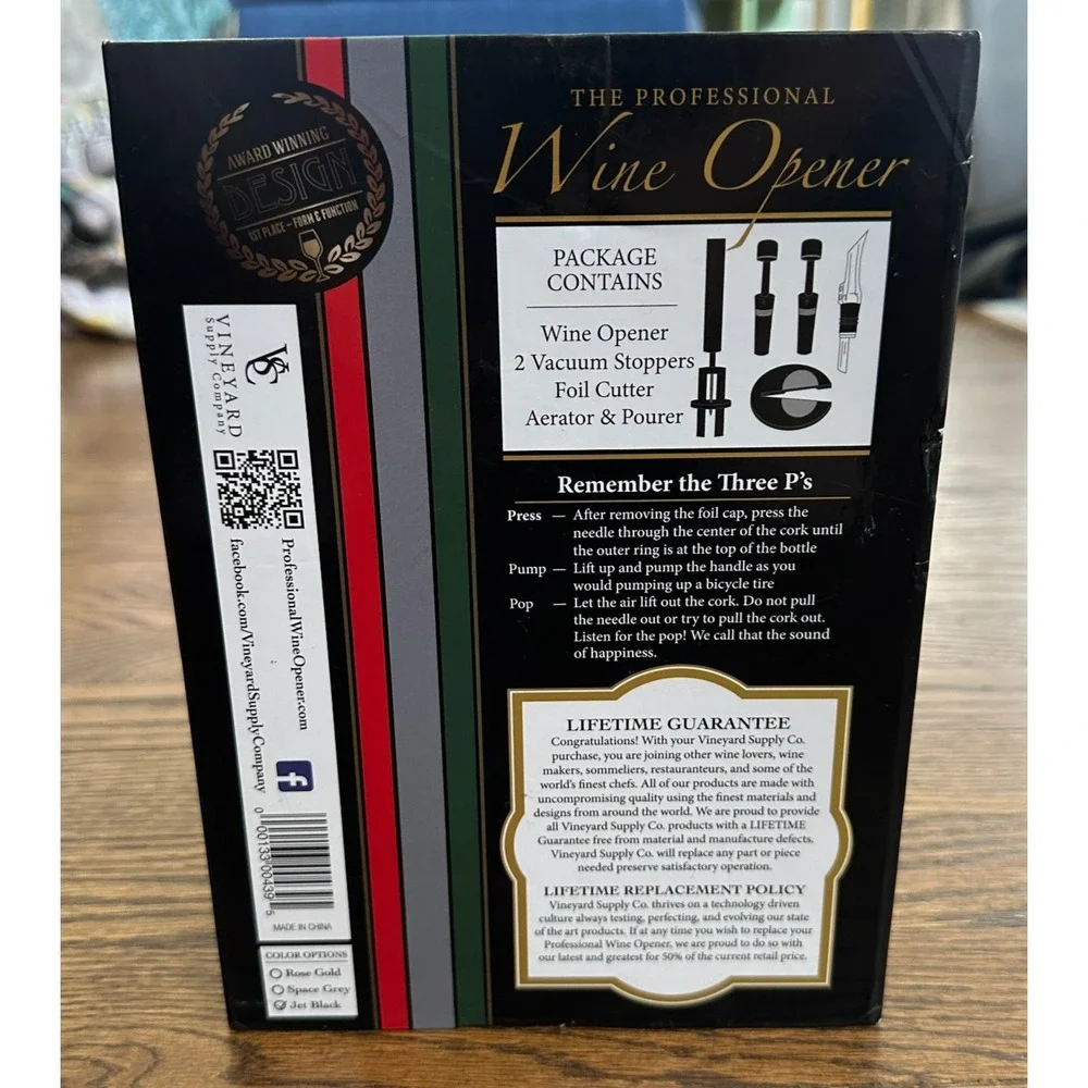 Vineyard Supply Co Professional Wine Opener Set Jet Black 1989 Vintage Design